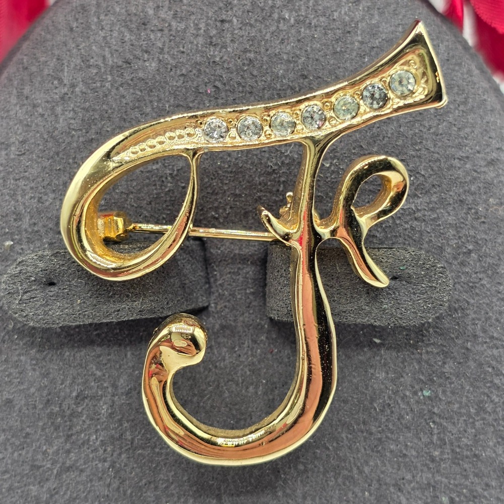 Gold Tone Rhinestone Script Initial Letter F Brooch Cursive Monogram Pin Classy - Picture 2 of 7